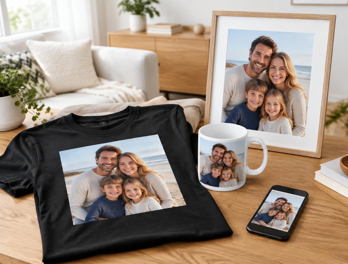 Eget billede på t-shirt, krus og plakat